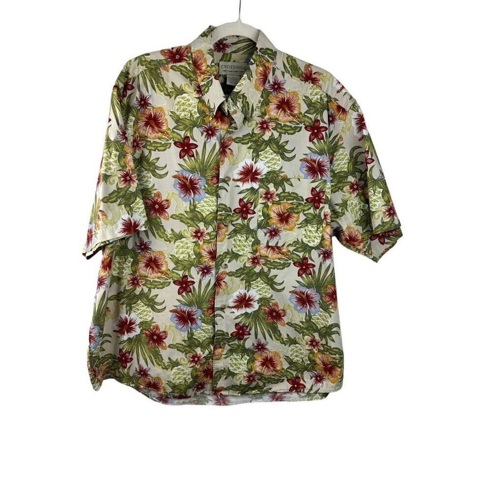 Crossings Mens Hawaiian Shirt Floral Pineapple Button Front‎ Yellow Sz XL Cotton